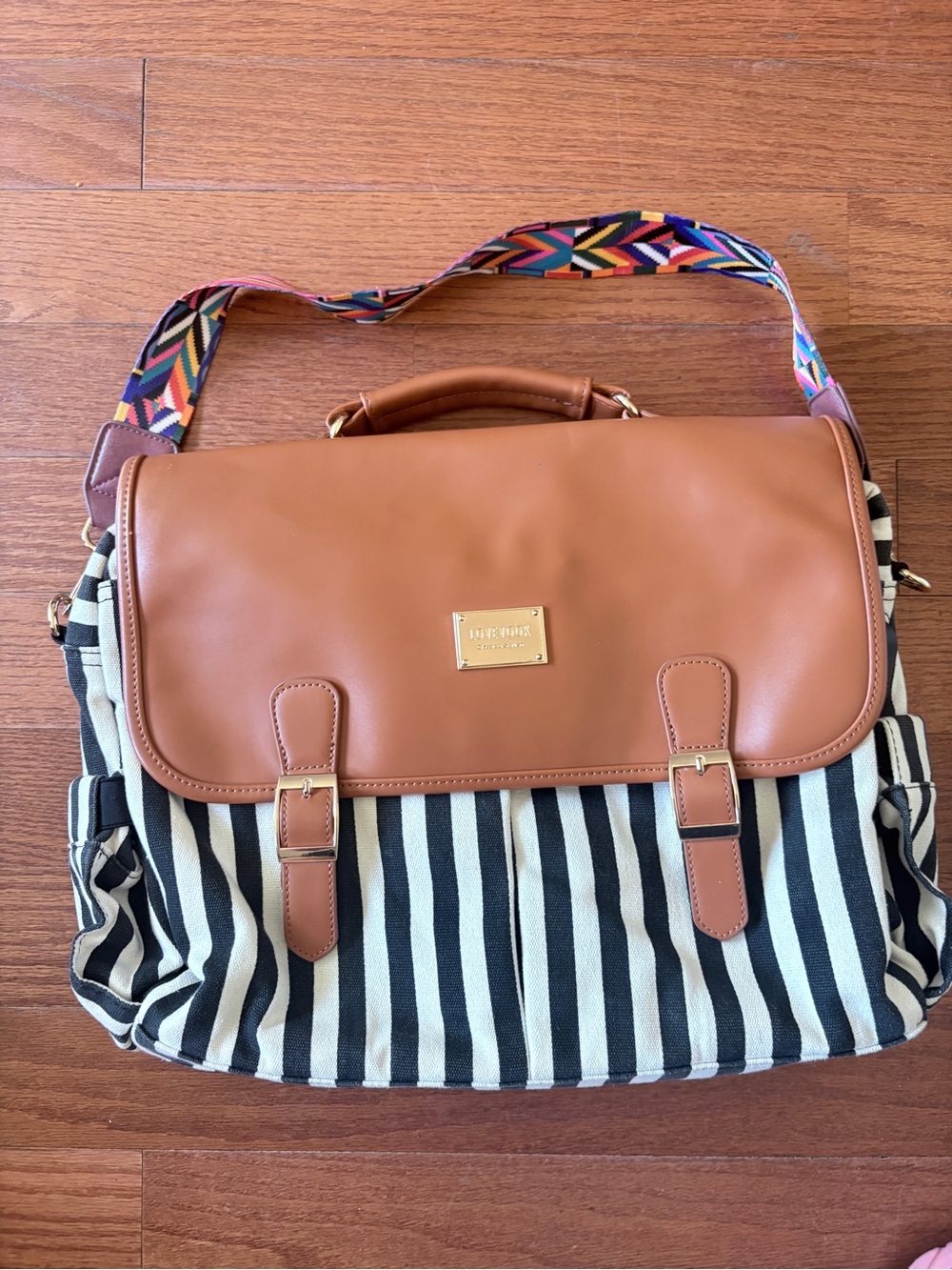 LOVEVOOK Laptop Bag Messenger Bag Black & White Stripe Brown Faux Leather